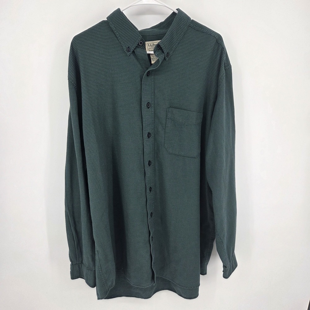 LL Bean Shirt Mens XLT Green Houndstooth Wicked Good Flannel Traditional Fit